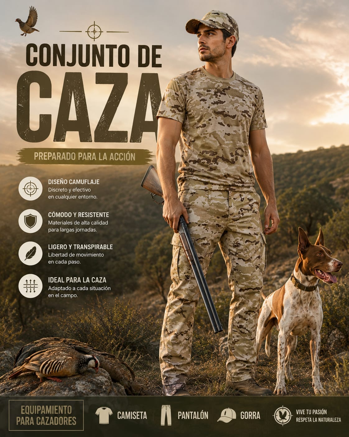 vestimenta caqui caza camisetas y pantalon