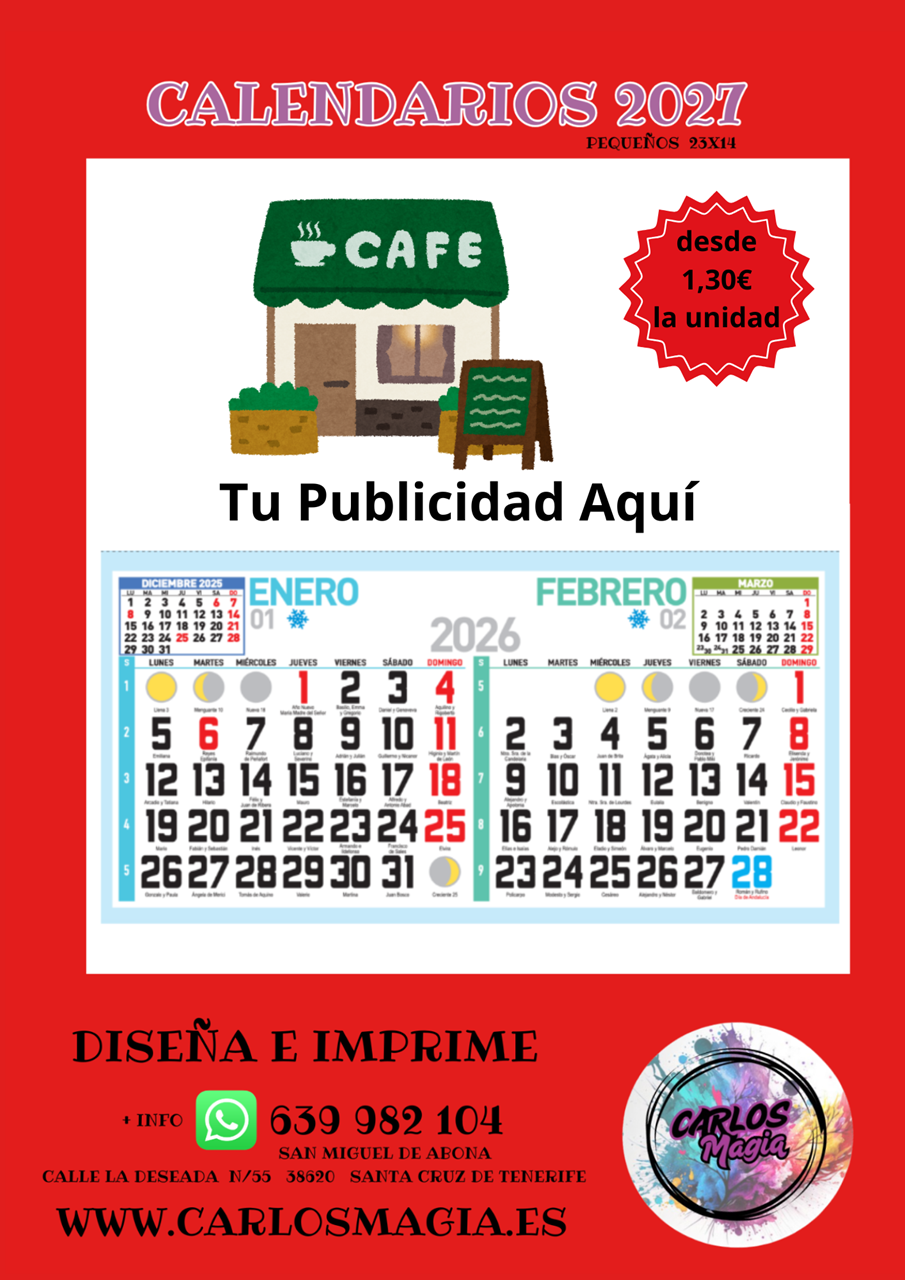 calendarios de pared tenerife imprenta 23 cm, 33 cm. 43cm
