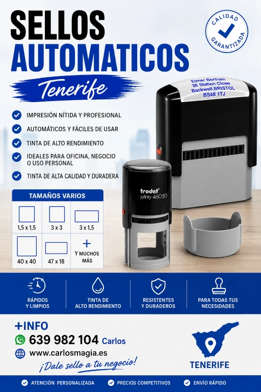 Sellos automáticos personalizados de caucho para empresas, comercios y oficinas en Tenerife Carlos Magia
