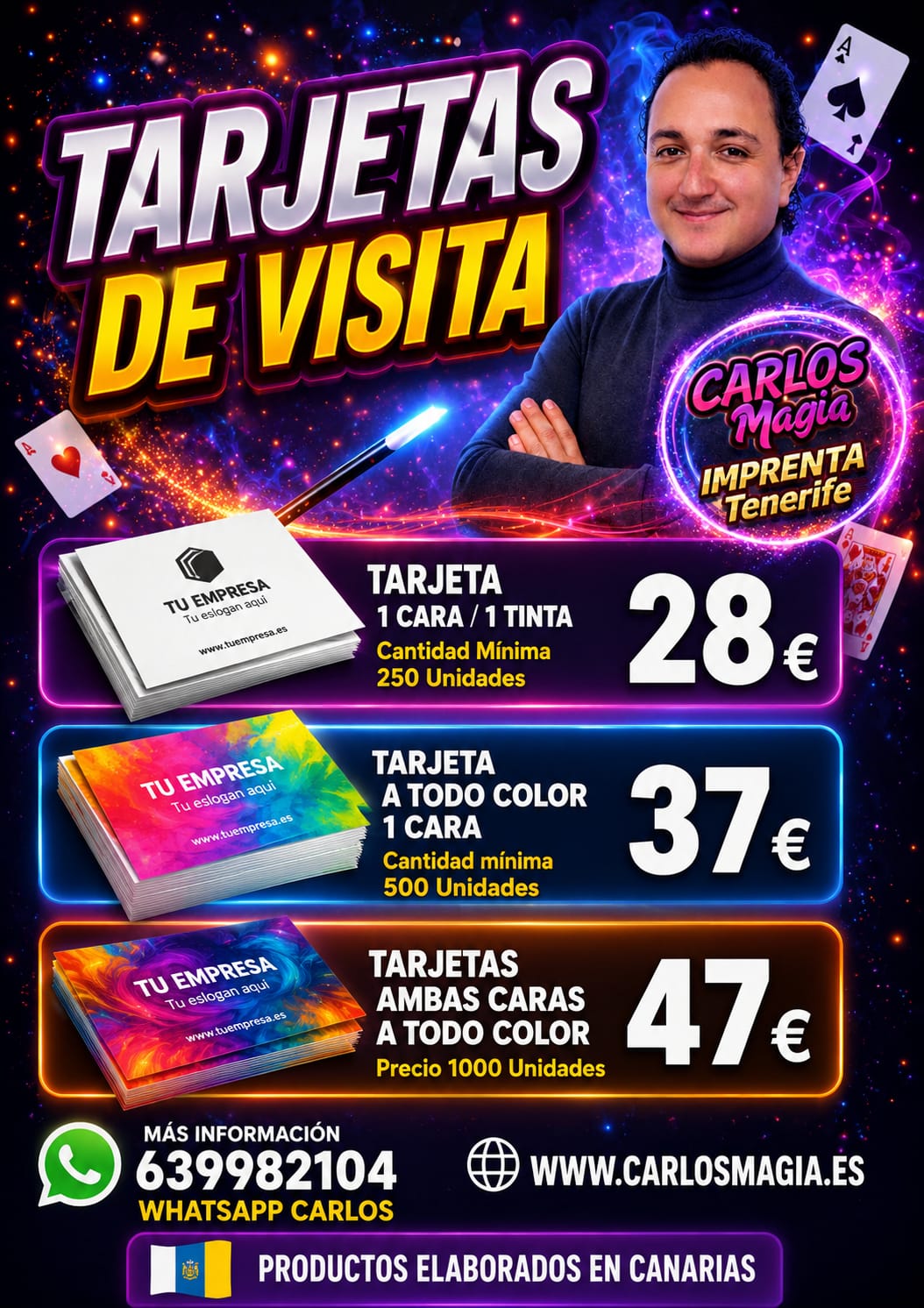 Tarjetas de visita profesionales impresas en Tenerife sobre fondo elegante