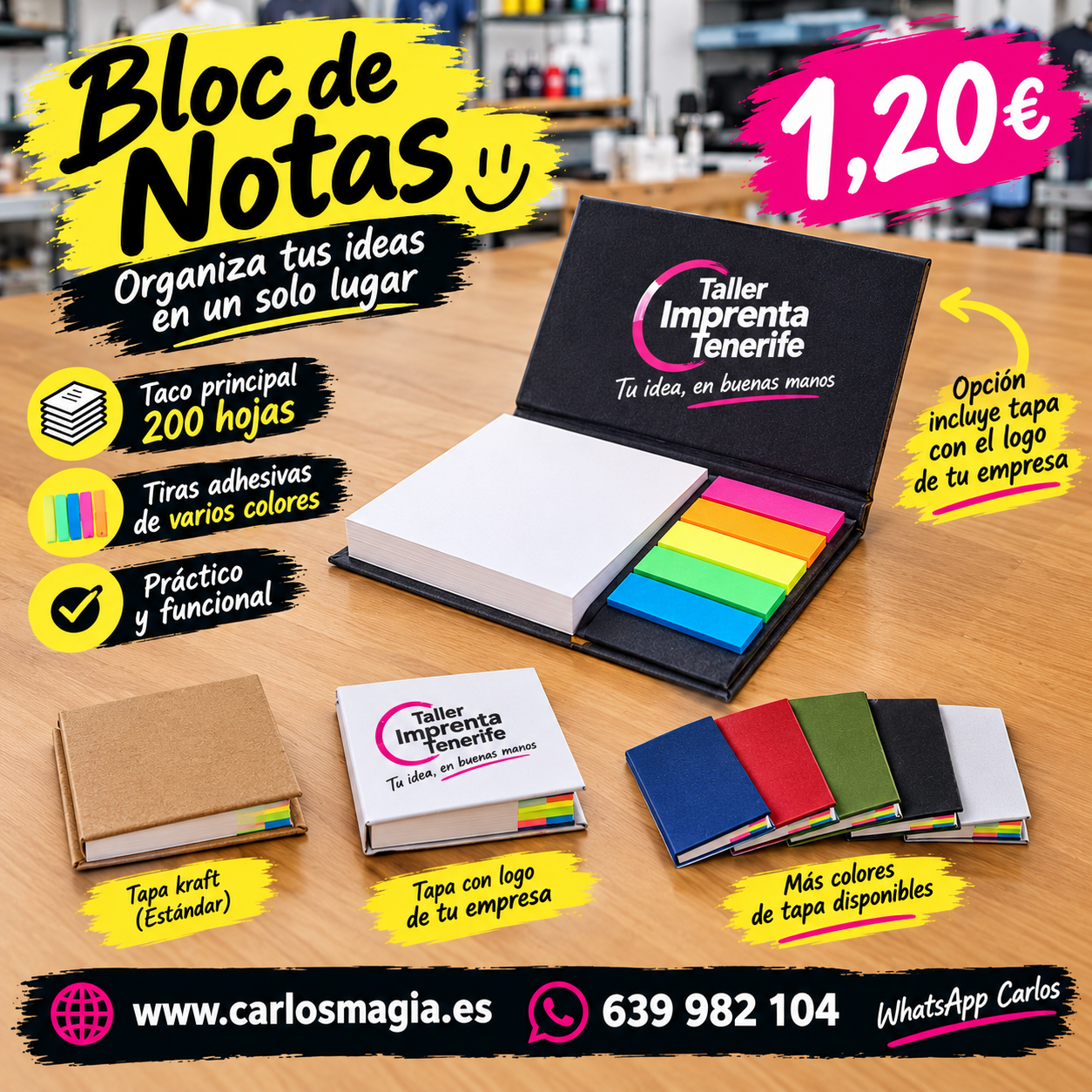 Bloc de notas personalizado con logotipo de empresa impreso en serigrafía por Imprenta Carlos Magia en Tenerife